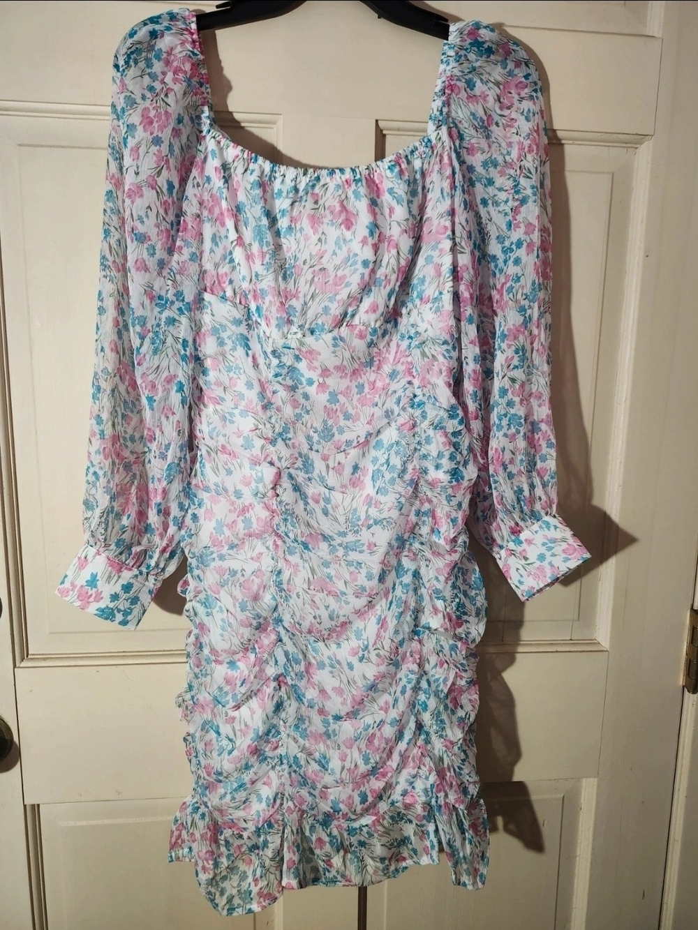 Floral Ruched Long Sleeve Mini Dress - Pink & Teal